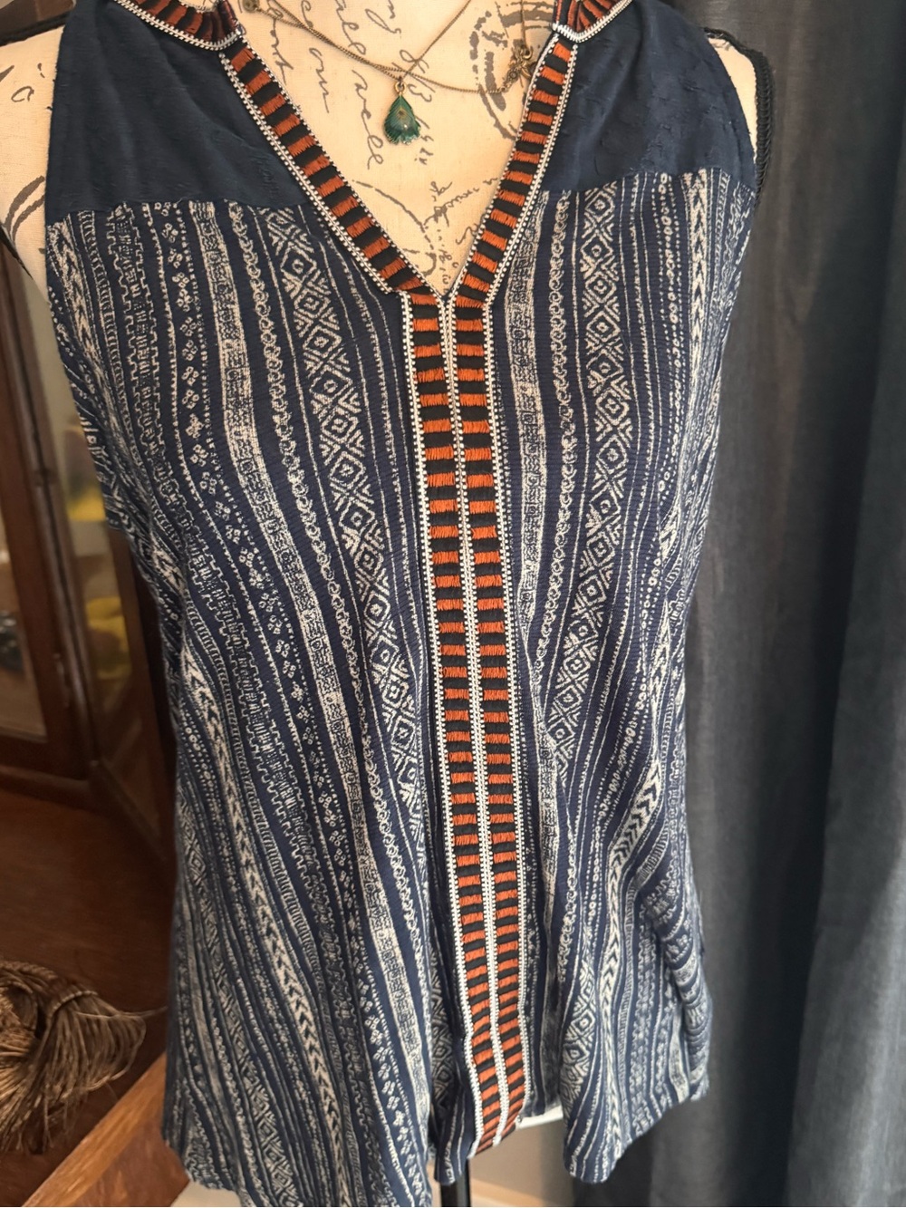 Lucky Brand Navy Patterned V-Neck Tank with Orange Trim